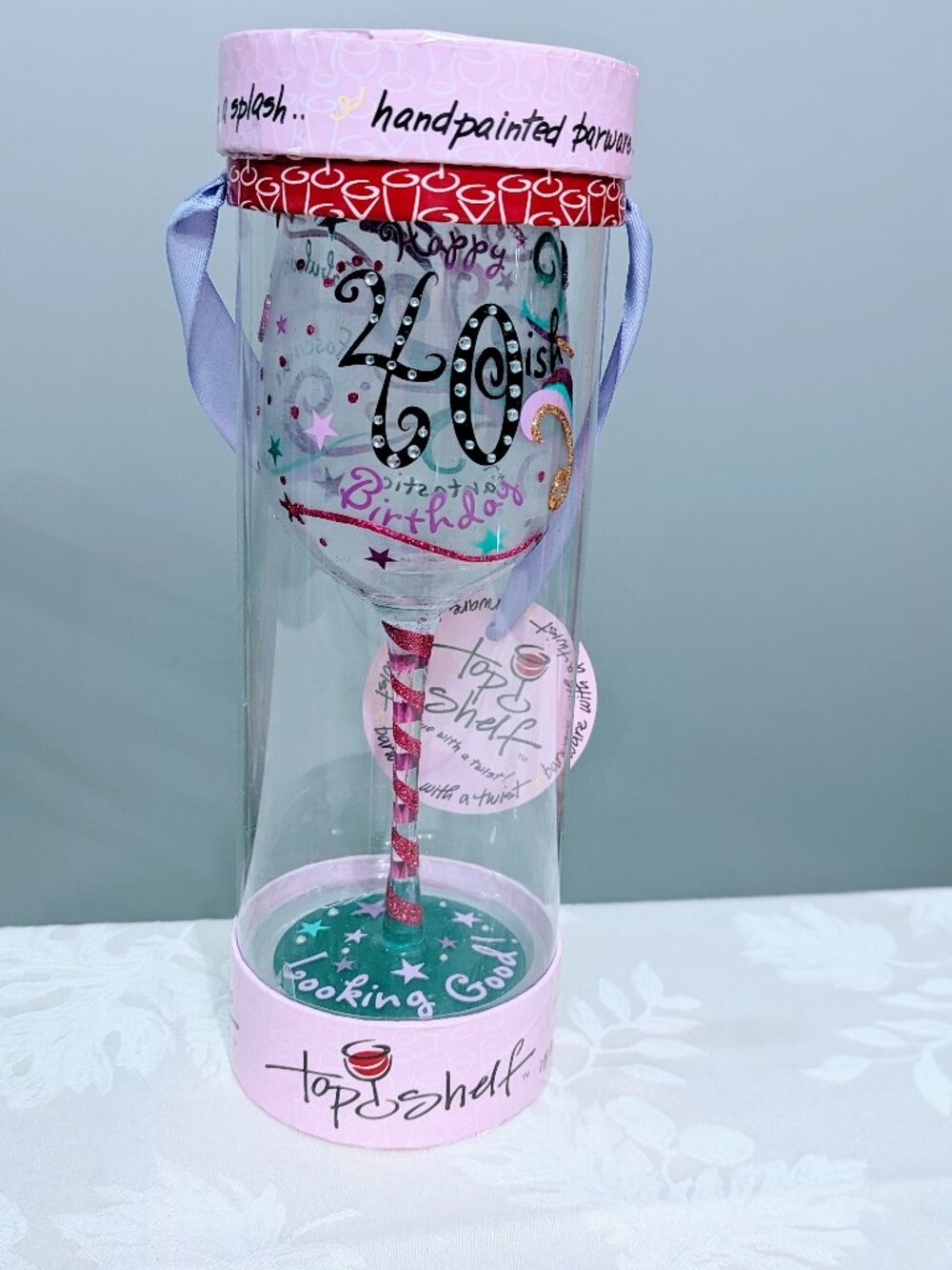 Top Shelf NIB 40th Birthday Wine Glass 15oz Rhinestone Glitter Hand Painted